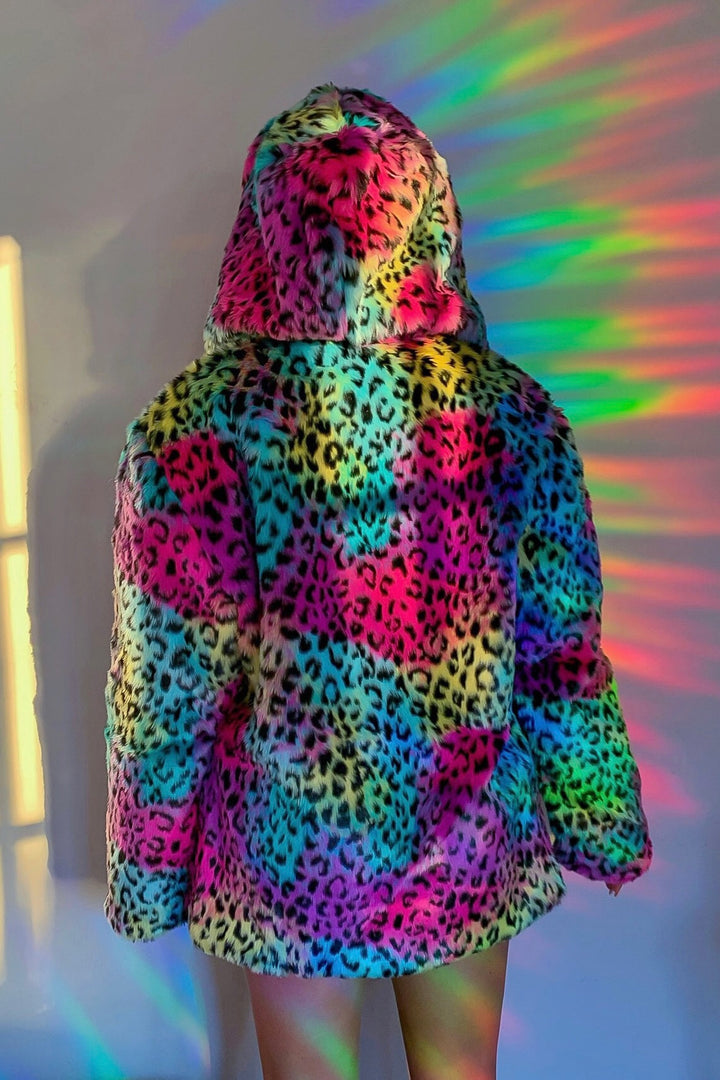 spvce island rainbow leopard faux fur bucket hat lisa frank y2k 90s festival fashion jacket coat outerwear club party christmas present birthday