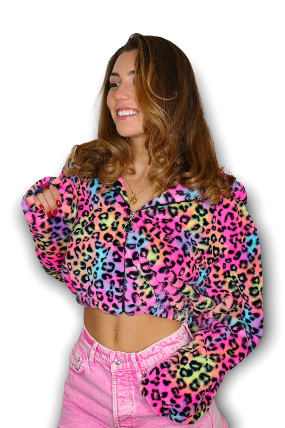 spvce island rainbow leopard faux fur bucket hat lisa frank y2k 90s festival fashion cropped fur coat