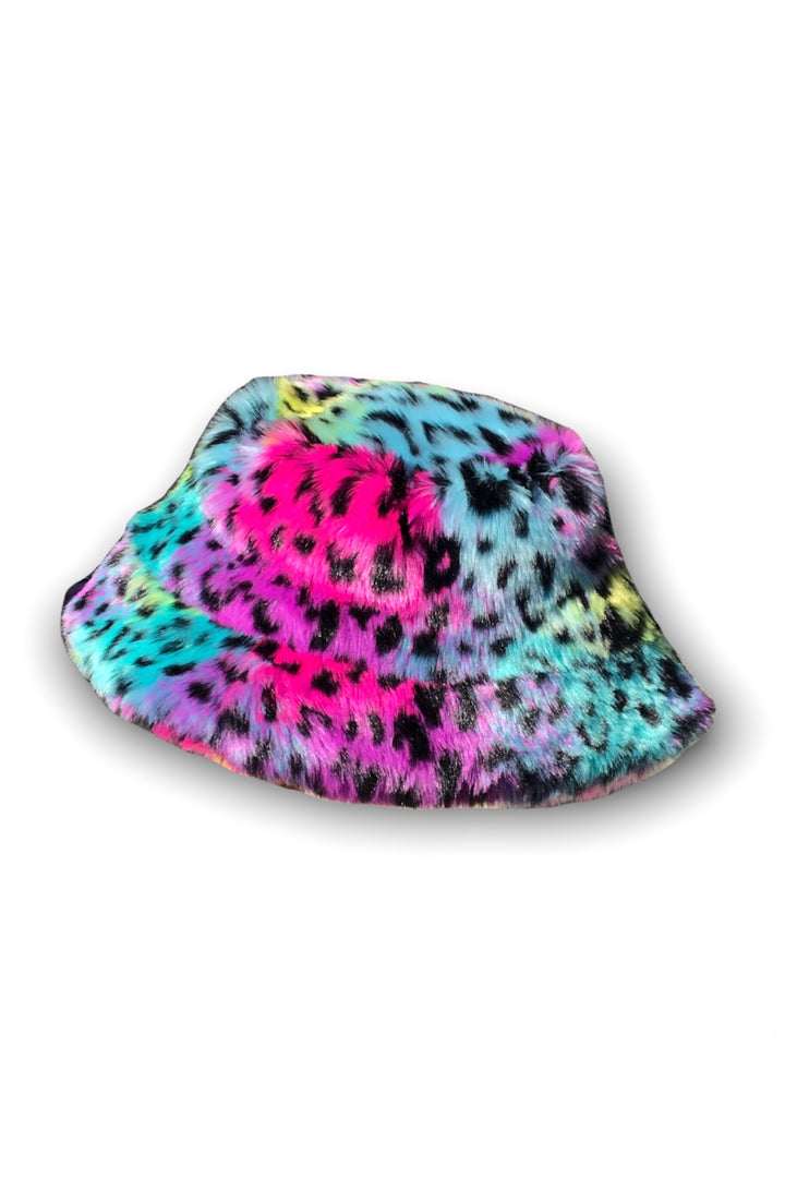 spvce island rainbow leopard faux fur bucket hat lisa frank y2k 90s festival fashion